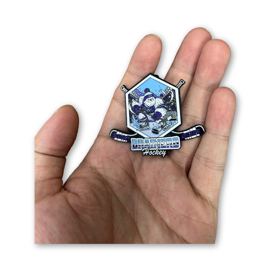 Brainerd Amateur Hockey Association pin, 2 inch, soft enamel, 1 glitter colour