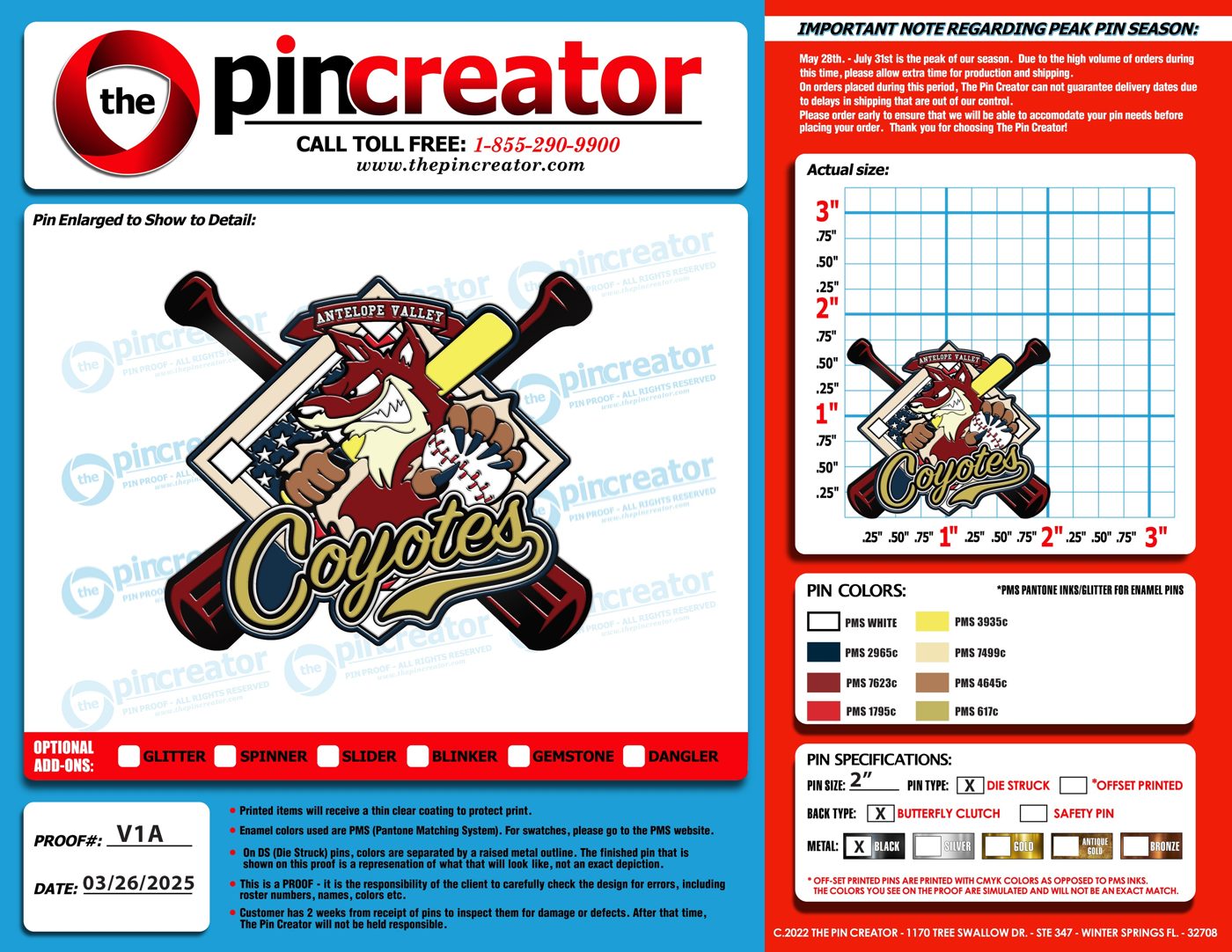 2.0 inch custom baseball trading pin, proof round 1, for an Antelope Valley, CA team — The Pin Creator