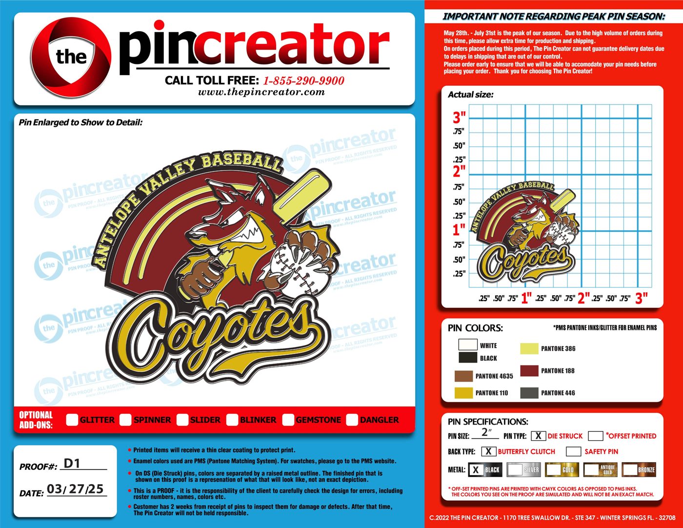2.0 inch custom baseball trading pin, proof round 1, for an Antelope Valley, CA team — The Pin Creator
