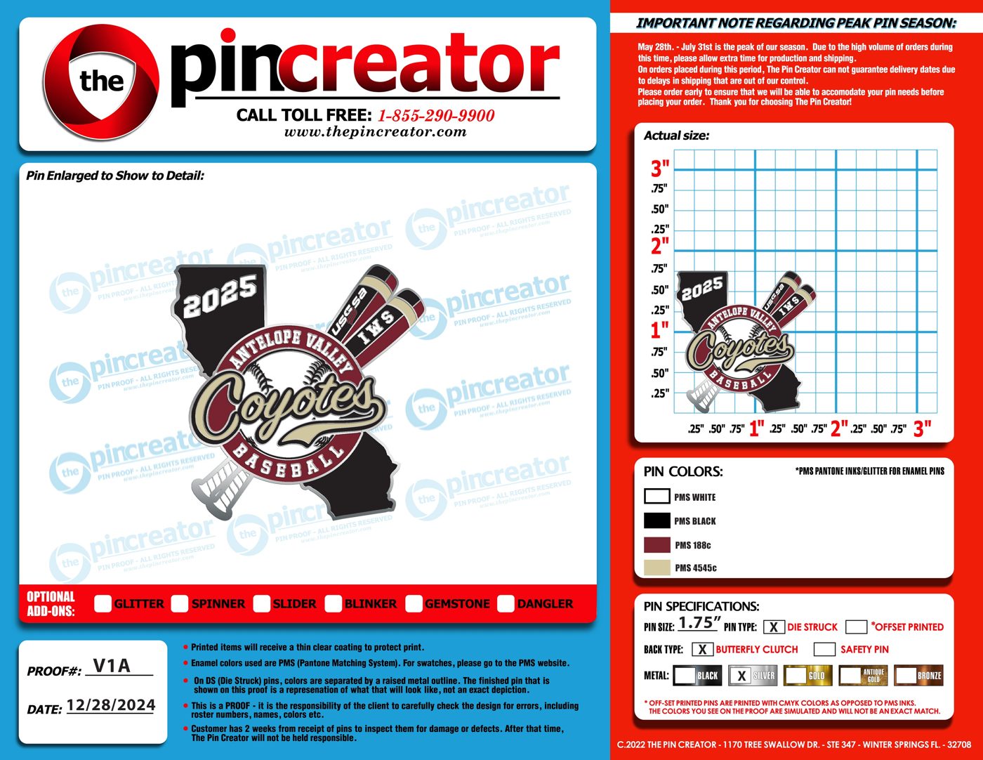 2.0 inch custom baseball trading pin, proof round 1, for an Antelope Valley, CA team — The Pin Creator