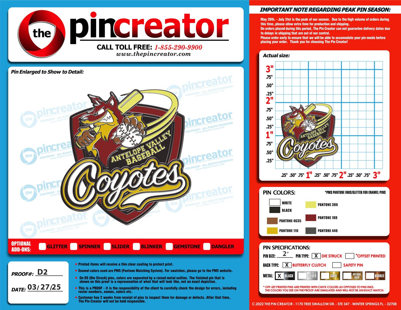 2.0 inch custom baseball trading pin, proof round 2, for an Antelope Valley, CA team — The Pin Creator