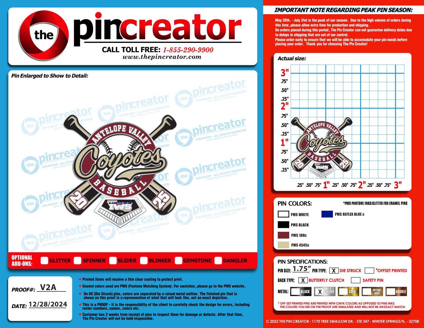 2.0 inch custom baseball trading pin, proof round 2, for an Antelope Valley, CA team — The Pin Creator