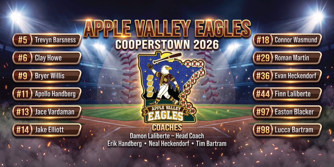 2.25 inch custom baseball trading pin, banner proof, for an Apple Valley, MN team — The Pin Creator