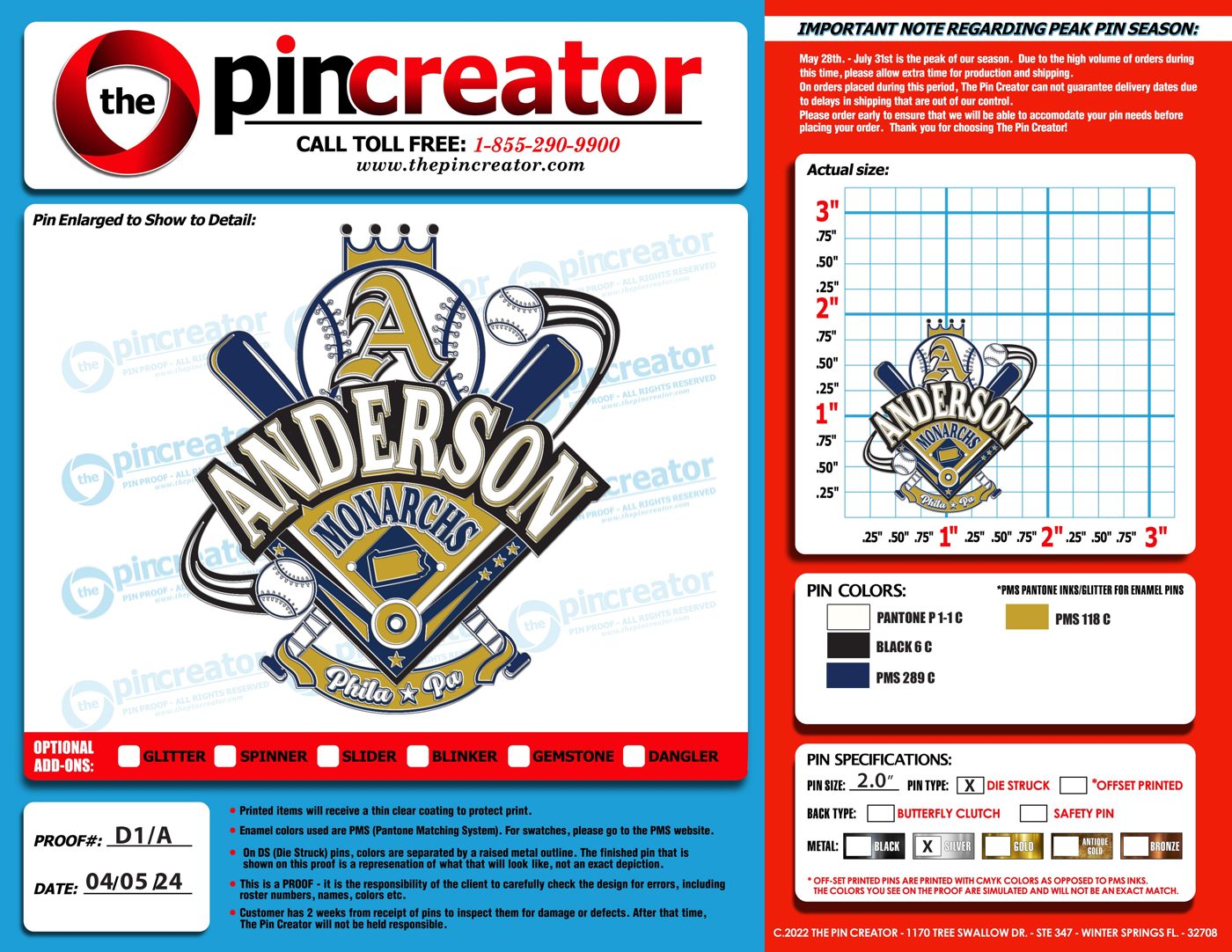 Custom baseball trading pin, proof round 1, for an Elkins Park, PA team — The Pin Creator