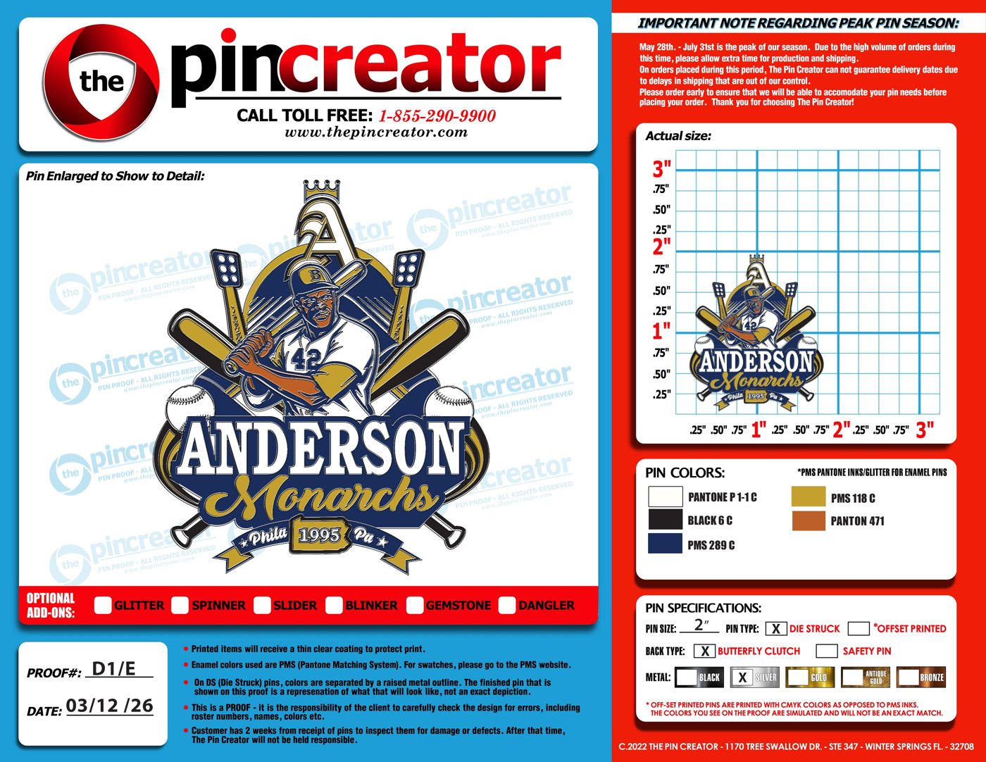 Custom baseball trading pin, proof, for an Elkins Park, PA team — The Pin Creator