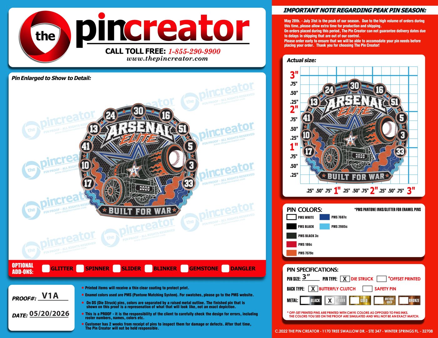 Custom baseball trading pin, proof round 1, for a Winchester, CA team — The Pin Creator