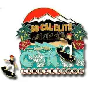 Custom trading pin for baseball or softball teams: SO CAL ELITE, surfers, waves, palm trees, city skyline sunset, small surfer pin.