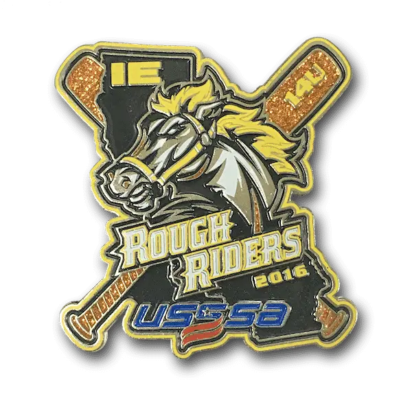 Enamel pin featuring a stylized horse head, crossed hockey sticks, and the text IE, 14U, ROUGH RIDERS 2016, and USSSA with an American flag motif. Gold, black, and orange—perfect for fans of custom baseball pins.