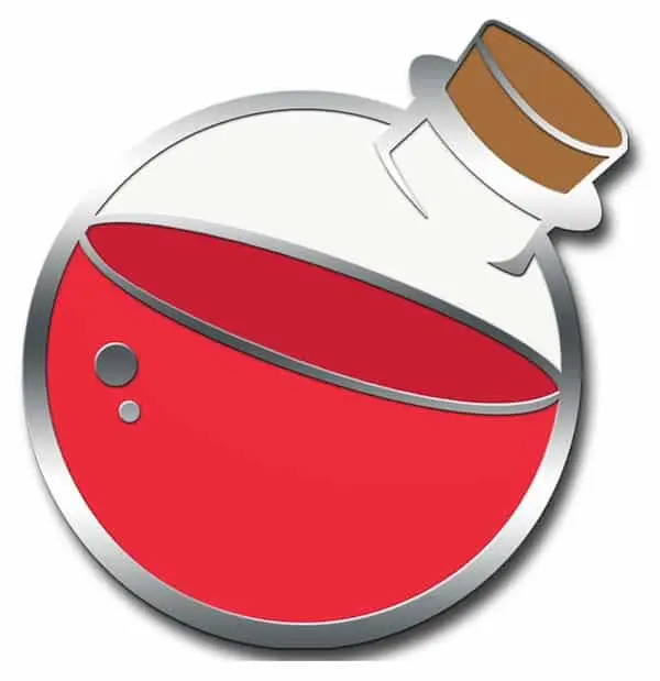 Enamel lapel pin shaped like a round potion bottle, vivid red liquid and bubbles—perfect trading pin for baseball or softball teams.