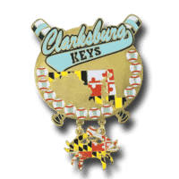Gold metal, Die Struck, baseball pin, with dangler as an embellishment, adds to trading power.