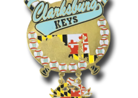 Gold metal, Die Struck, baseball pin, with dangler as an embellishment, adds to trading power.