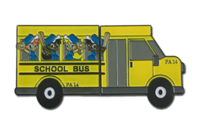 enamel lapel pin, yellow school bus, corporate award pin