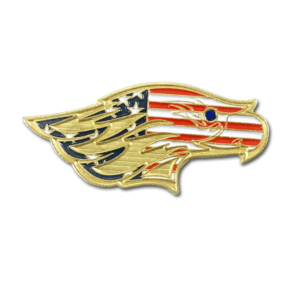 custom designed, die struck, lapel pin, using gold metal, eagle head, with american flag