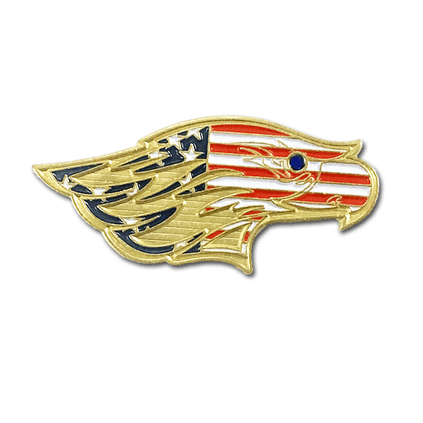 custom designed, die struck, lapel pin, using gold metal, eagle head, with american flag