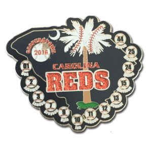 Cooperstown pin, shaped like Carolina , die struck metal, red glitter