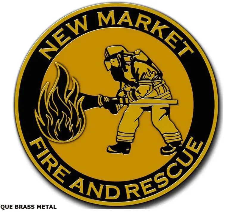 Custom firefighter enamel pin—gold, black, NEW MARKET FIRE & RESCUE text, firefighter spraying water—for award or trading pins.