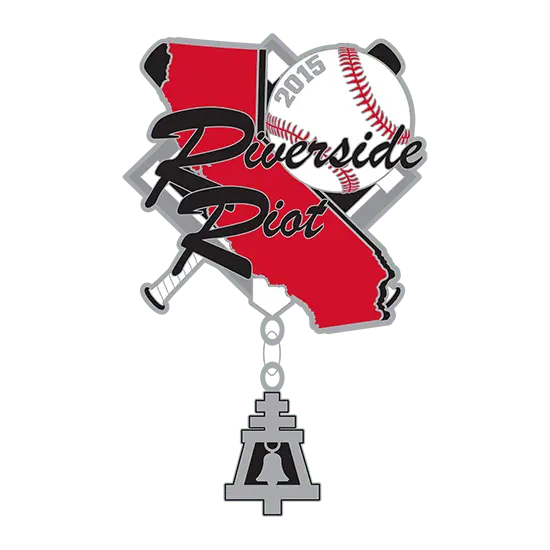 Logo of Riverside Riot 2015, showcasing a red California map outline with a baseball, crossed bats, and a trophy base at the bottom, reminiscent of collectible sports pins.