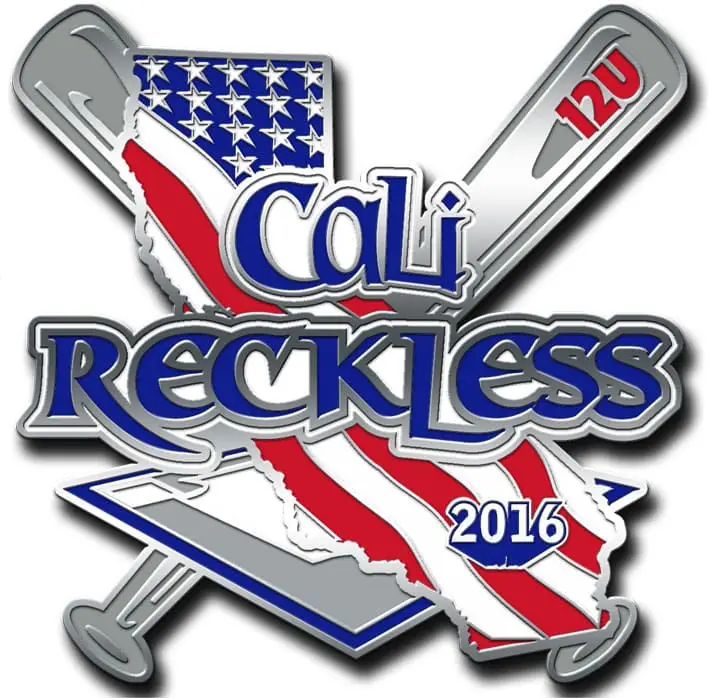 Logo featuring the outline of California with an American flag motif. Text reads Cali Reckless 2016 overlaying crossed baseball bats, one labeled 12U in red. A home plate icon is beneath the design, perfect for enthusiasts collecting unique baseball pins.