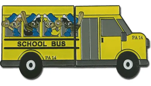 Cartoon of a yellow school bus labeled PA 14 with five raccoons inside, crafted in the style of soft enamel lapel pins. Three raccoons wield baseball bats while two sport blue caps. The bus is detailed with black wheels and windows.