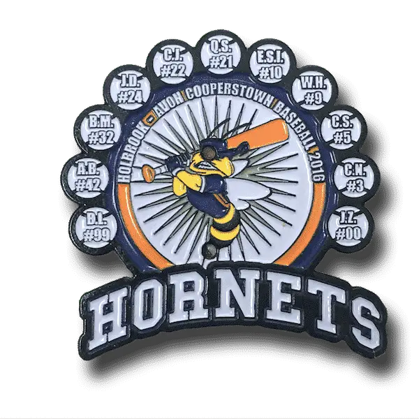 The Hornets baseball team logo showcases a yellow jacket wielding a baseball bat at its center. Player initials and numbers encircle it, with Hornets and Ilion, Rock Avon Cooperstown Baseball 2016 text. This emblem follows the rules to trading pins, making it a collectors delight.