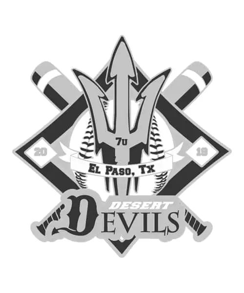 Logo for the Desert Devils baseball team, reminiscent of classic Cooperstown Pins. It features a trident, two crossed baseball bats, and a baseball. Text includes El Paso, Tx, 7U, and the year 2019. The design is monochrome with bold lettering.