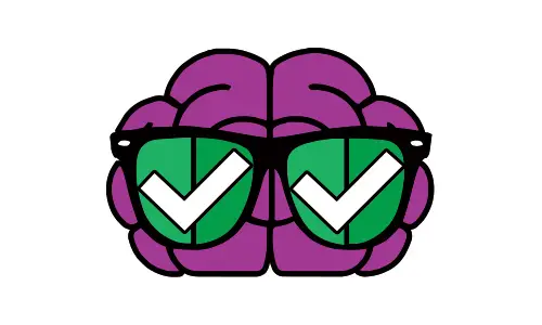 Purple brain with green sunglasses and checkmark lenses—fun mascot trading pin design for baseball, hockey, or softball teams.