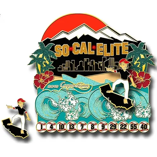 Illustration of a surfing theme with SO CAL ELITE text above a city skyline, palm trees, and waves, reminiscent of collectible baseball trading pins. A surfer rides the wave over numbers 4, 10, 13, 7, 9, 29, 22, 55, and 40. Sun and mountains grace the background.