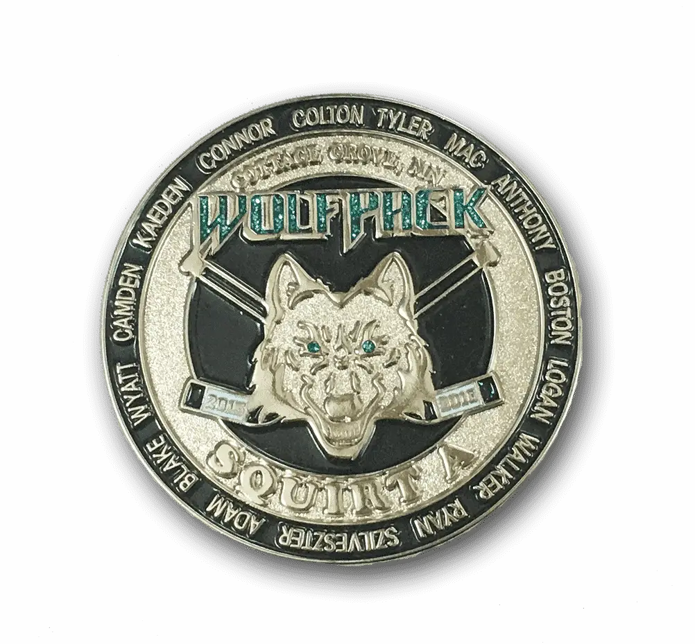 This custom hockey trading pin features a silver coin with a striking wolf head illustration at its center. Encircled by the words Wolfpack Squirts and names like Wyatt, Camden, Connor, Tyler, and more, it captures the spirit of the team in a unique and memorable design.