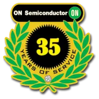 A badge featuring the words ON Semiconductor at the top, a green laurel wreath encircling a black circle with the number 35 in yellow, and the text Years of Service at the bottom, embodying the elegance of Years Of Service Pins.
