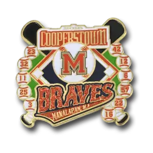 A Cooperstown Pins collectible, this sports pin showcases two black baseball bats, a diamond with a red M, Braves above Manalapan, NJ, and baseballs with red numbers—capturing timeless Baseball Moments.