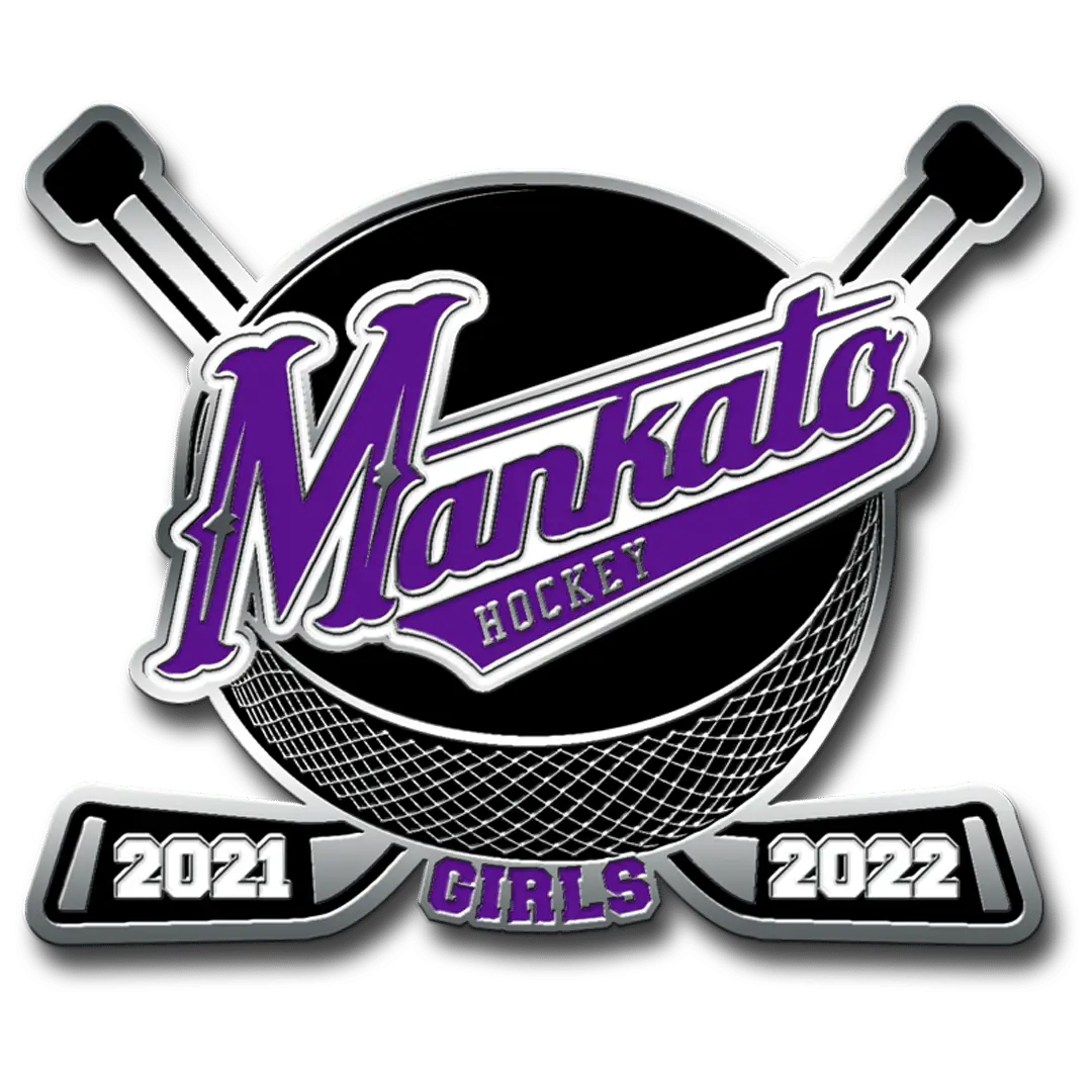 Mankato Girls Hockey logo with crossed sticks, puck, and team text—ideal for custom hockey trading pins or Cooperstown pins.
