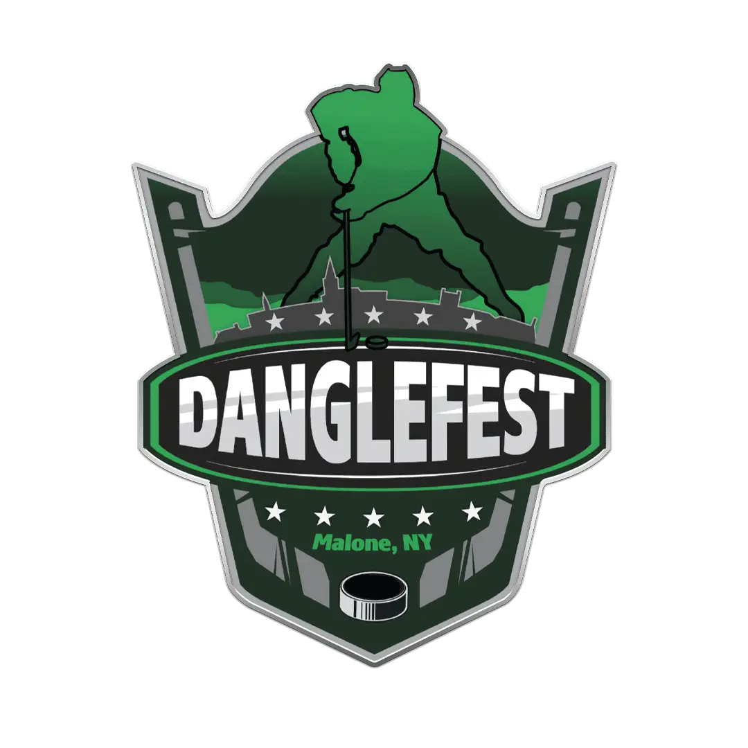 Custom hockey lapel pin logo with player silhouette, "DANGLEFEST", puck, Malone NY; green, black, white, and gray enamel.