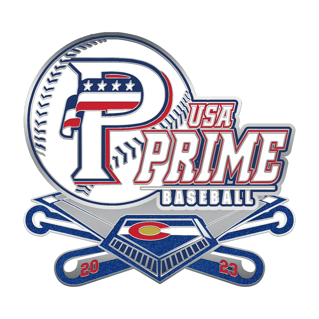 Custom baseball trading pin with USA Prime Baseball logo, stylized "P," stars, bats, Colorado flag, and 2023 on a home plate.
