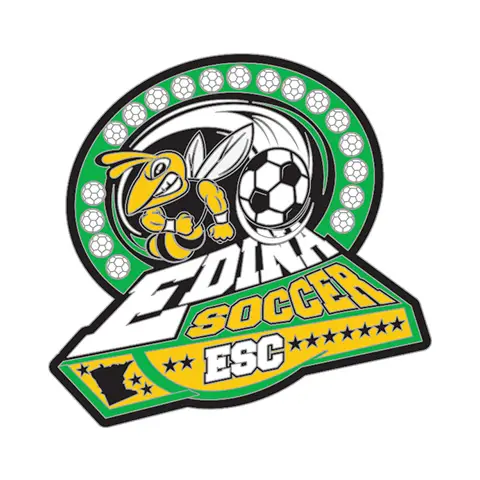 A logo showcasing a yellow and black hornet, a soccer ball, and Edina Soccer ESC in bold letters. Vibrant with green, yellow, black, and white hues, it includes a star and state silhouette at the bottom. Perfect for Cooperstown pins enthusiasts.