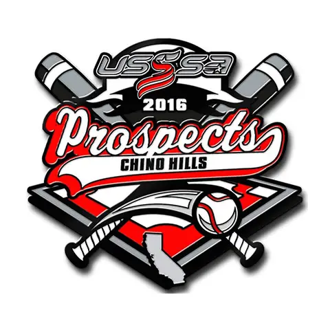 Logo for USSSA Prospects Chino Hills 2016, featuring crossed bats, a baseball, and an outline of California. Reminiscent of Cooperstown trading pins, the design includes red, black, and white colors.