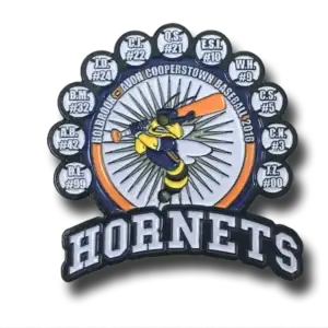 A logo featuring a hornet swinging a baseball bat, surrounded by circular panels with player initials and numbers. Text reads Hornets and Holbrook Avon Cooperstown Baseball 2016.