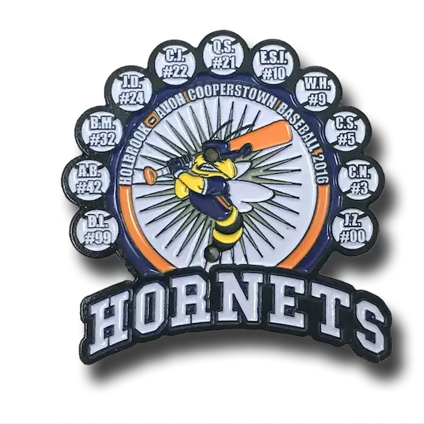 A logo featuring a hornet swinging a baseball bat, surrounded by circular panels with player initials and numbers. Text reads Hornets and Holbrook Avon Cooperstown Baseball 2016.