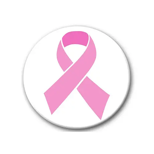 A pink ribbon symbol, often associated with breast cancer awareness, is prominently featured on a white circular background. This design is ideal for awareness pins, serving as a powerful reminder of the causes and support needed in the fight against this disease.