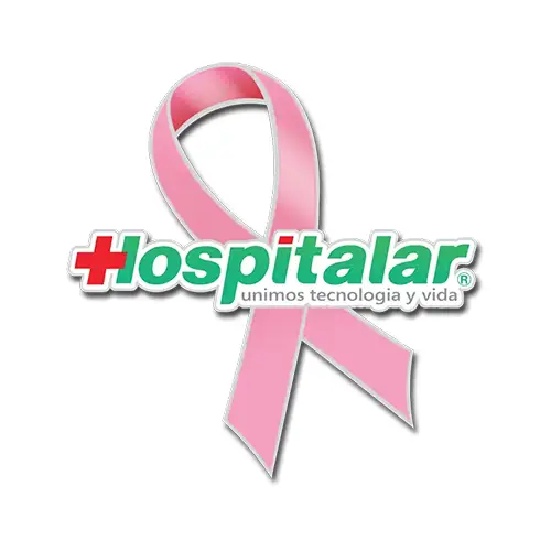 Logo featuring a pink ribbon with the word Hospitalar in green and red. Below, in smaller text, it says unimos tecnología y vida. The pink ribbon raises awareness for breast cancer, serving as one of the many causes pins that unite us in hope and action.