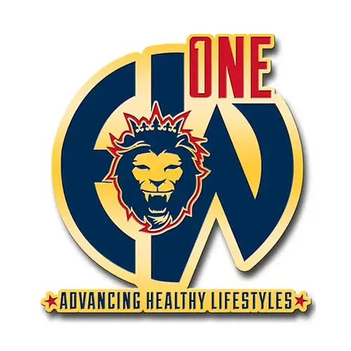 The logo showcases a roaring lions head crowned, set against interlocked gold and navy blue letters C and N. Above, the word ONE stands proud, while below, in red and navy blue, reads Advancing Healthy Lifestyles, symbolizing awareness of causes.