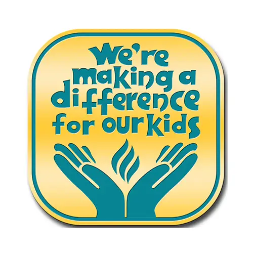 A square badge with a yellow background and teal text reads Were making a difference for our kids. Below the text are two stylized hands facing upward, with a flame-like symbol above them, embodying the spirit of awareness pins for meaningful causes.