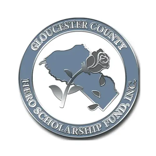 Logo of Gloucester County Hero Scholarship Fund, Inc., featuring a map silhouette and a rose, encircled by the organizations name on a blue and silver border—exuding the essence of Awareness and Causes Pins.