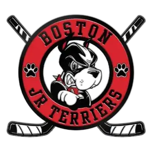 Logo of Boston Jr Terriers featuring a cartoon bulldog with a determined expression, crossed hockey sticks, and paw prints. The design is circular with a red and white color scheme.
