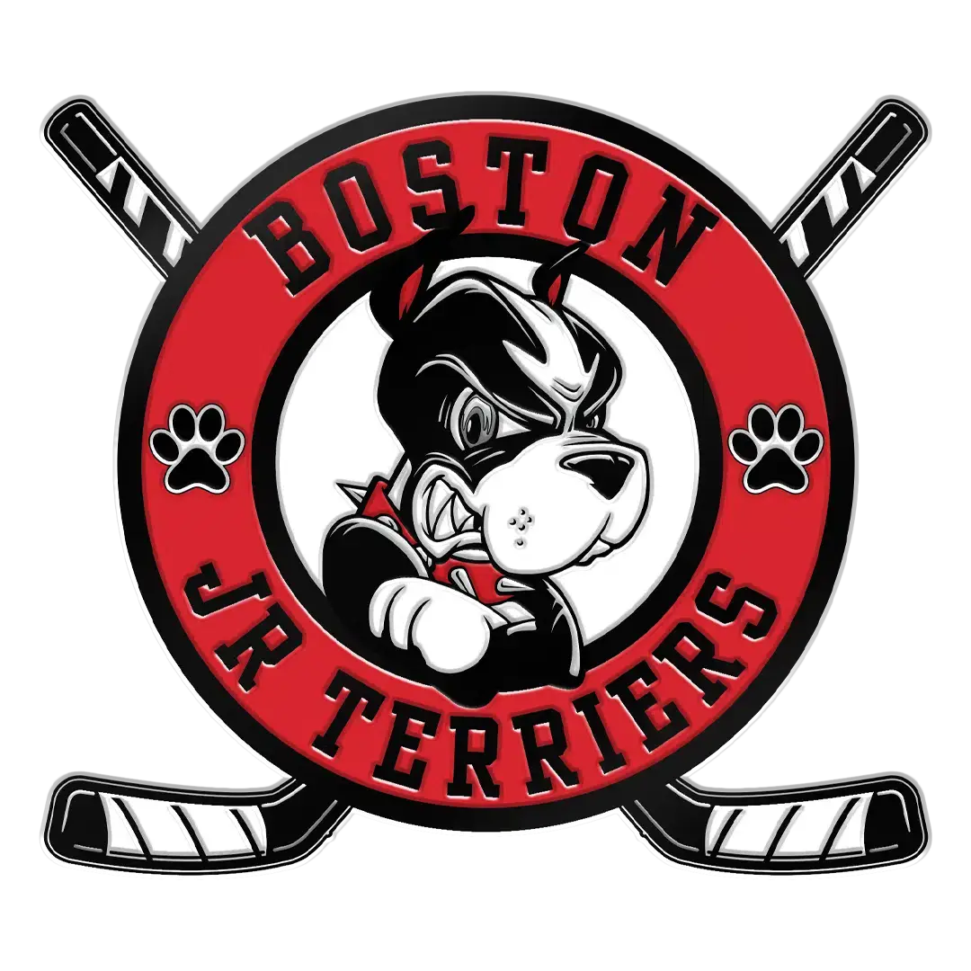 Logo of Boston Jr Terriers featuring a cartoon bulldog with a determined expression, crossed hockey sticks, and paw prints. The design is circular with a red and white color scheme.