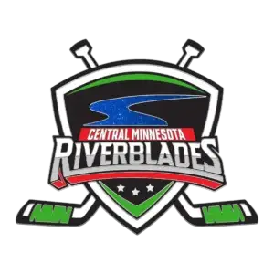 Logo for Central Minnesota Riverblades featuring a shield with a stylized blue river. It includes two crossed hockey sticks and three stars at the bottom. Colors are black, green, red, and blue.