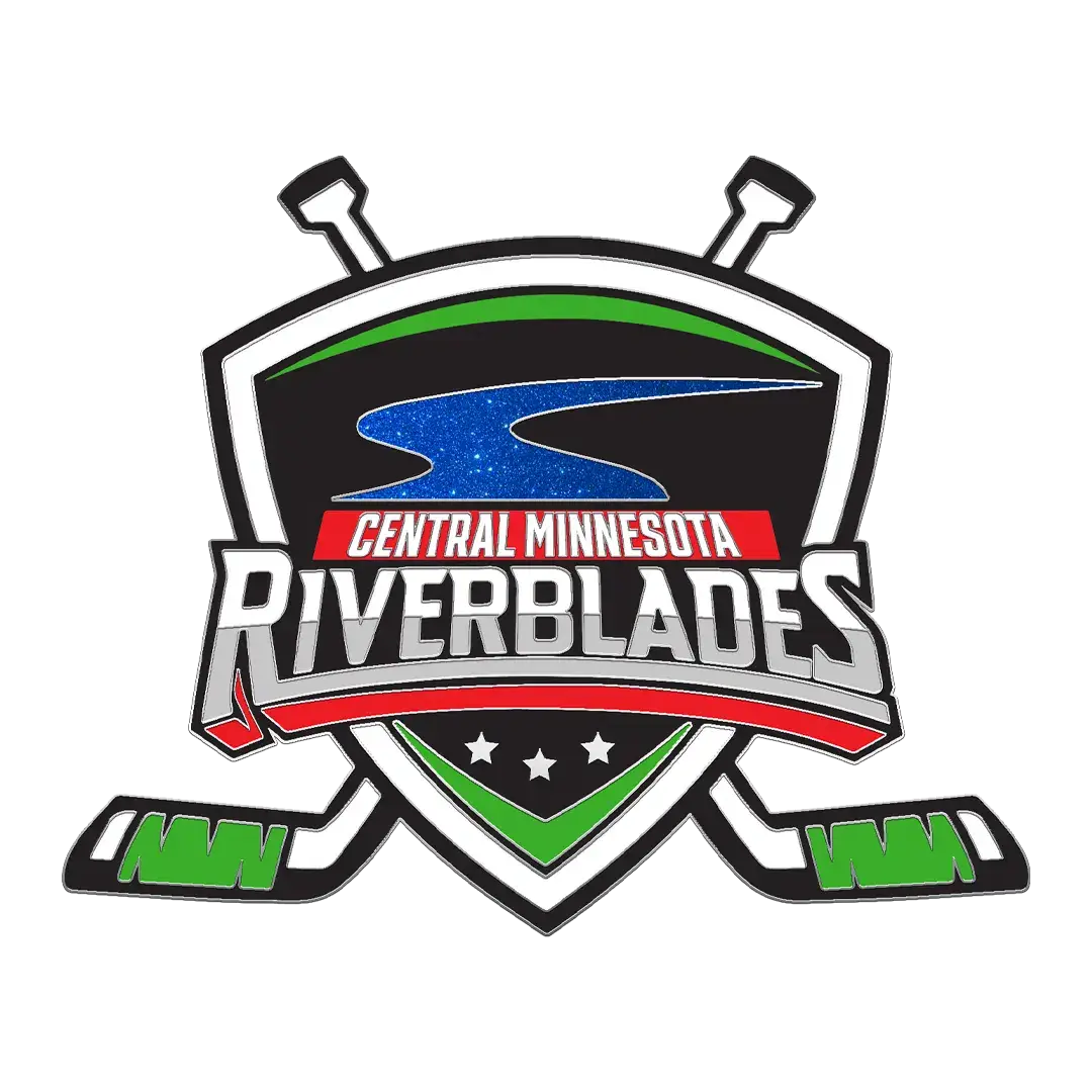 Logo for Central Minnesota Riverblades featuring a shield with a stylized blue river. It includes two crossed hockey sticks and three stars at the bottom. Colors are black, green, red, and blue.