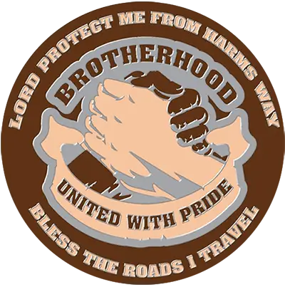 Custom baseball trading pin with two hands shaking, "Brotherhood United With Pride" and safety motto around border.
