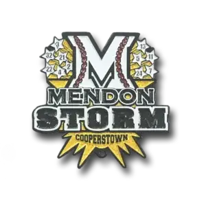 Mendon Storm emblem with a large letter M resembling a baseball design. Decorative elements include small circles with numbers like 32, 17, and 21, all above Cooperstown in a star-shaped banner at the bottom.