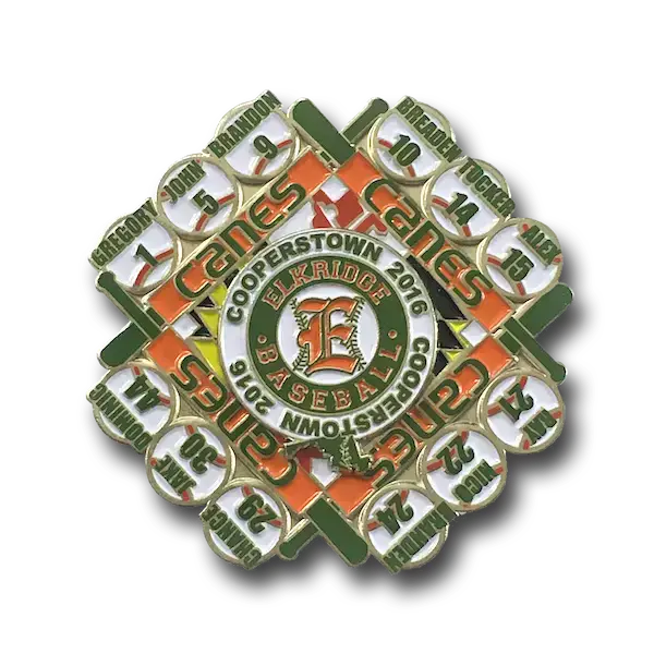 A baseball pin from Cooperstown 2016, featuring the Elkridge Baseball logo at the center. It includes ten circular sections with player names and numbers, arranged around the center.