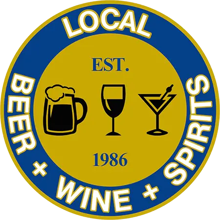 Custom enamel trading pin with beer, wine, and martini icons; blue LOCAL BEER + WINE + SPIRITS text on yellow, est. 1986.